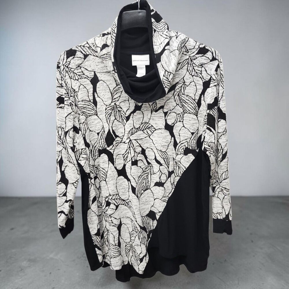 Alfred Dunner Cowl Neck Top Womens Large Black White Floral Asymmetrical Hem